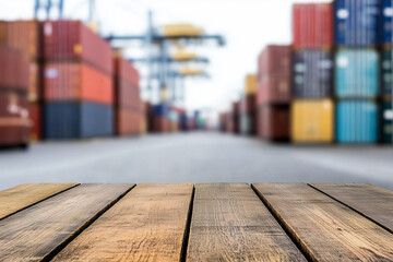 Wooden top table with containers at the port in background