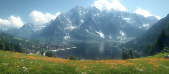 Naklejka premium Alpine Lake Village: Serene Mountain Vista in Vivid Sunlight