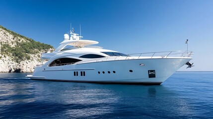 Naklejka premium Luxurious White Yacht Sailing on Blue Sea Beneath Clear Sky : Generative AI