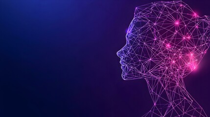 Abstract polygonal woman's profile.  Glowing lines & nodes create a futuristic, digital portrait. Perfect for tech, AI, and innovation concepts.