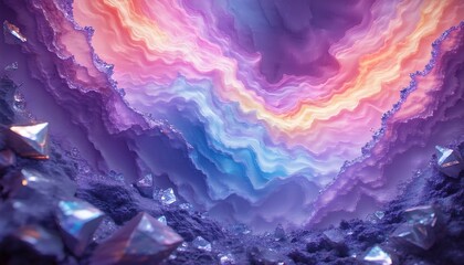 Naklejka premium an abstract representation of a cave with a vibrant, swirly pattern on its walls and floor, featuring a mix of purple, blue, pink, orange, yellow, and white colors.