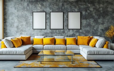 Modern sectional sofa in stylish living room with blank frames, concrete wall