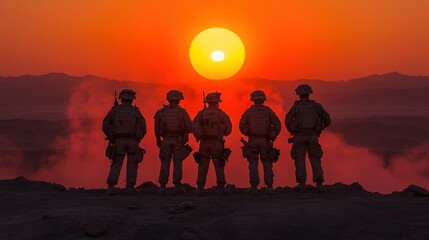 Silhouetted Soldiers at Sunset Over Desert Landscape, Capturing the Essence of Duty, Honor, and Camaraderie in the Face of Nature's Majestic Beauty