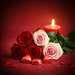 Fototapeta premium Valentine's Day roses and chocolates arranged romantically. romantic setup with chocolate and roses for valentine day and chocolate day.
