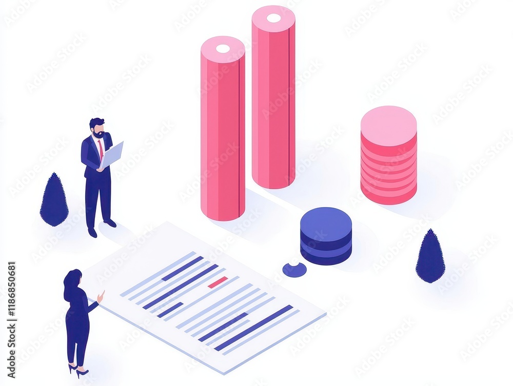 Poster a modern graphic depicting two bar charts, a pie chart, and two professionals analyzing data on a do