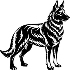 This graphic black and white silhouette of a German Shepherd showcases a stylized, tribal-inspired design.