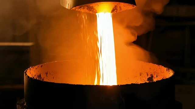 Close-up video of molten aluminum being poured into a mold, the fiery liquid flows from a crucible, with blurred workshop in the background, low angle, silhouette