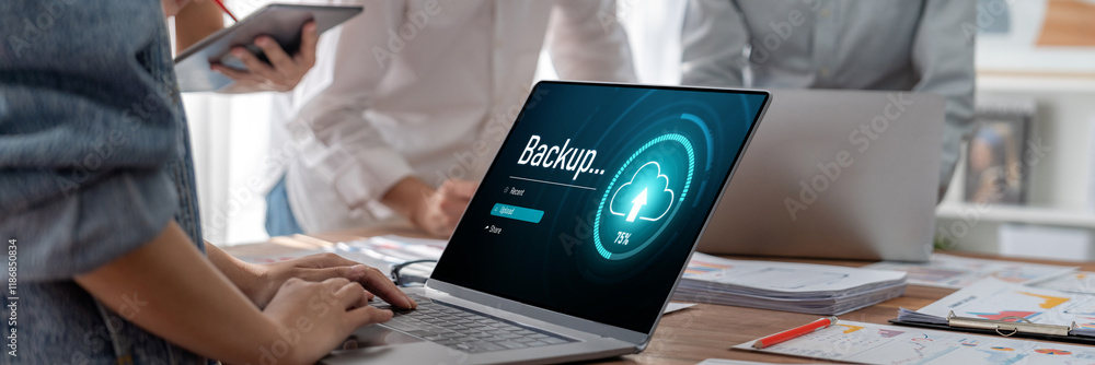 Poster Backup Storage Data Internet Technology Business concept. Database storage cloud technology file data transfer sharing, cyber, big data information, internet banking application download upload brisk