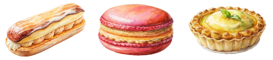 Colorful pastry illustrations, gourmet desserts, watercolor style, delicious treats, bakery art, sweet indulgence.