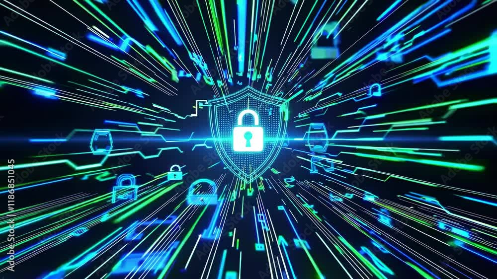 Poster cybersecurity concepts are visually represented with dynamic graphics featuring padlocks and shield 