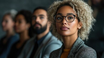 Obraz premium Professional woman with curly hair and glasses engaged in a business meeting with diverse colleagues in background