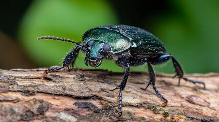 Naklejka premium Closeup of a Metallic Green Beetle on a Tree Bark in a Natural Setting : Generative AI