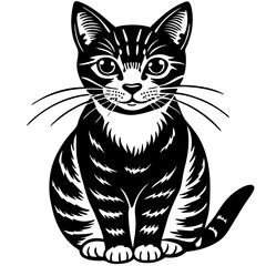 Fototapeta premium Black and White Silhouette of a Sitting Cat with a Collar