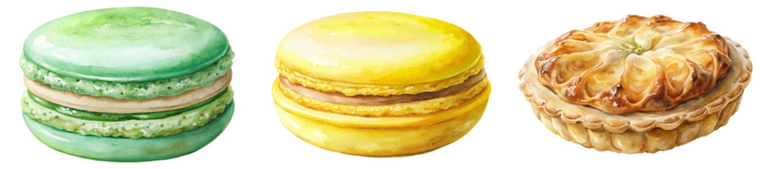 Colorful macarons, watercolor style, delicious desserts, vibrant green, bright yellow, sweet pastry art.