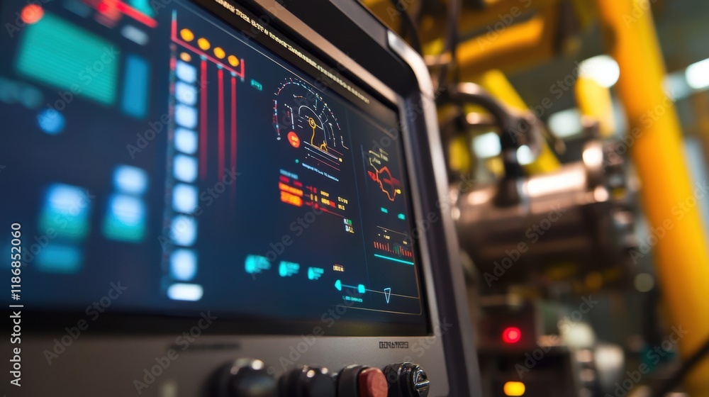Poster modern control panel displaying real time data and performance metrics, optimizing production proces