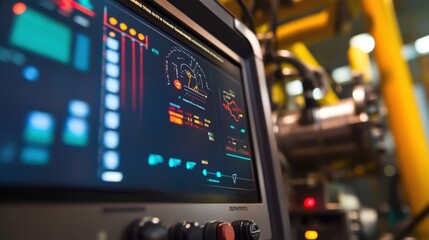 Modern control panel displaying real time data and performance metrics, optimizing production processes within an advanced manufacturing facility, enhancing efficiency and precision