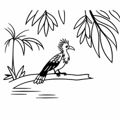 Naklejka premium Black and white illustration of a bird perched in a tropical setting