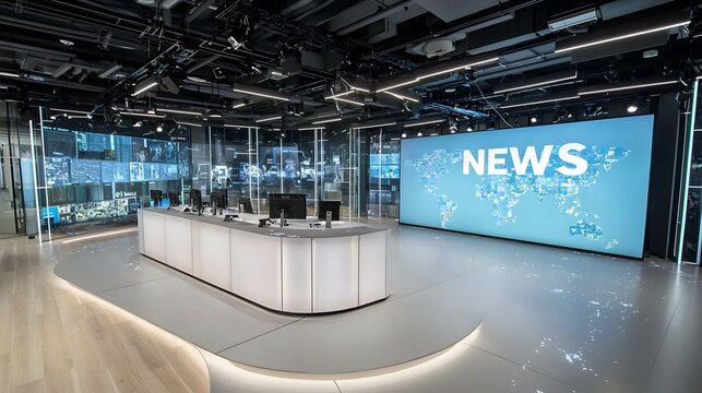 Modern news studio interior design. Sleek desk, large screens displaying global news.