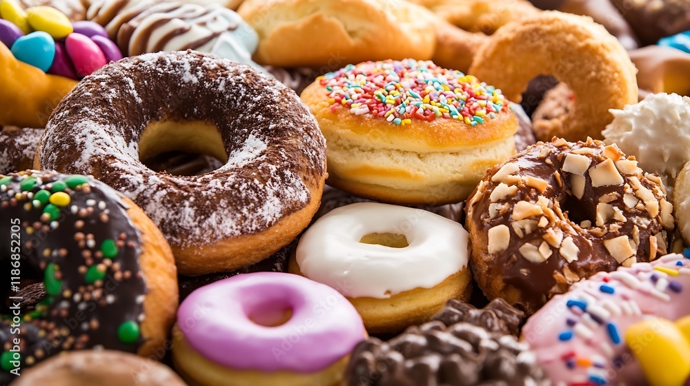 Poster Assortment of Colorful Donuts with Sprinkles Candy and Chocolate in Sweet Display : Generative AI