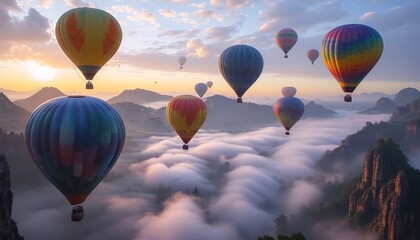Obraz premium Hot air balloons floating above the clouds at sunrise.