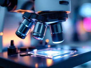 Compound Microscope with Three Objective Lenses and Illuminated Stage