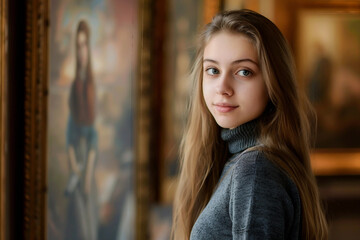 Fototapeta premium Generative AI Artwork of a Person Observing Paintings in an Art Gallery for Study and Excursion