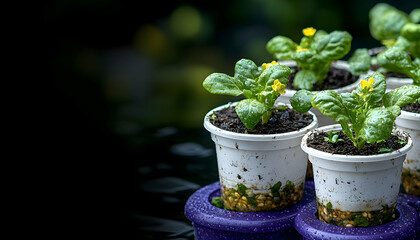 Seedlings sprouting hydroponically, greenhouse