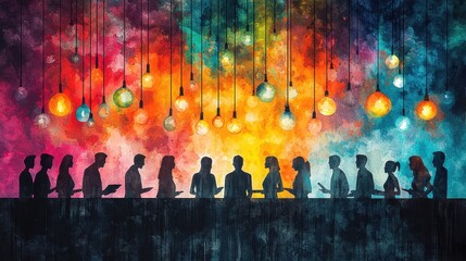 Colorful Abstract Scene with People Silhouettes and Vibrant Light Bulbs Hanging Above in Artistic Setting