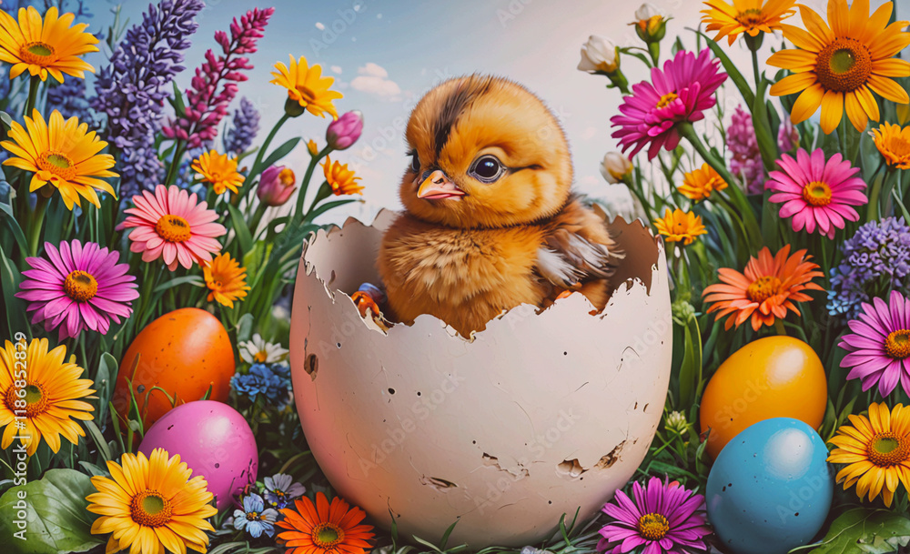Poster baby chick is sitting in an eggshell in a field of flowers. there are many flowers in the background