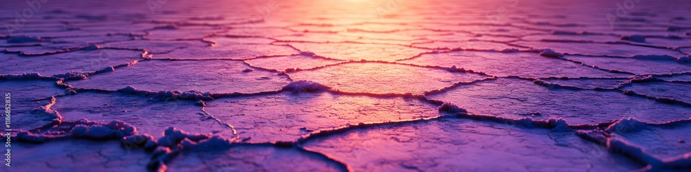Poster panoramic view of the cracked salt flats glowing under the soft hues of sunrise, with dynamic textur