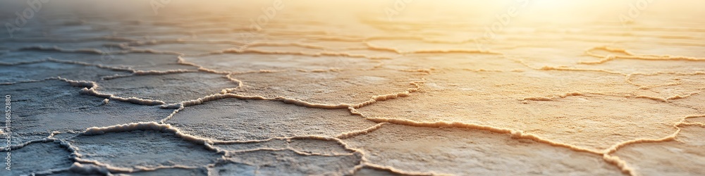 Poster panoramic view of the cracked salt flats glowing under the soft hues of sunrise, with dynamic textur