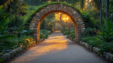 Obraz premium Stone Archway Pathway Garden Sunset Scene