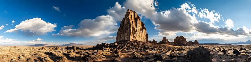 Panoramic view of the iconic Lava Tower against the backdrop of Kilimanjaros rugged terrain, with clouds swirling around the summit, in 4K resolution
