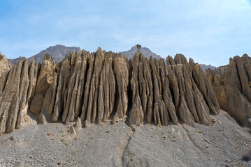Natural rock formations created by strong winds in the cold desert mountains of Spiti Valley in the Himalayas, Himachal Pradesh, India. © dushi82
