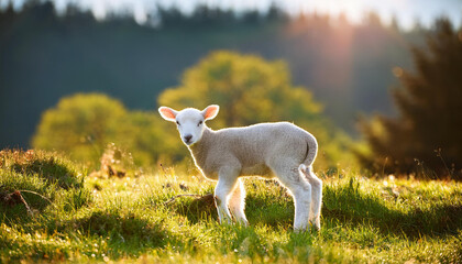 innocent lamb in idyllic pasture and forest environment