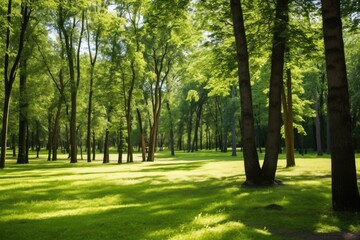 Obraz premium Serene and Verdant: A Forest of Green Trees in a Sunlit Landscape Perfect for Outdoors and Nature Tourism