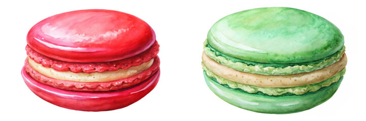 Colorful watercolor macarons, vibrant red and green, sweet dessert illustration, food art, bakery style.
