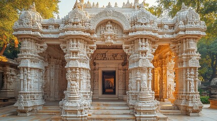 Obraz premium Intricate White Marble Temple Entrance Detailed Carvings