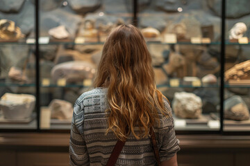 Fototapeta premium Generative AI Artwork Depicting a Person Observing Vintage Artifacts in a Museum for Art Education