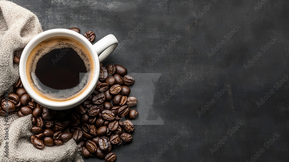 Poster Top view of aromatic espresso coffee cup with beans on dark rustic background setting : Generative AI