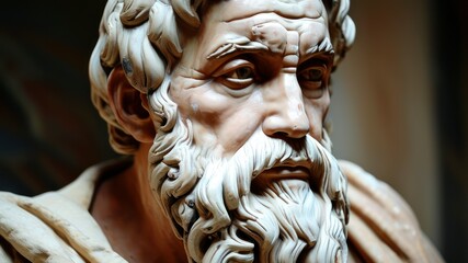 Close up of a detailed bust sculpture portraying a wise philosopher, capturing emotion and artistry in ancient expression