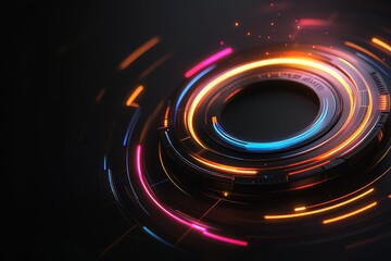 A minimalist illustration of a UV camera lens with glowing rays emanating from its center, rendered in simple geometric shapes and vibrant neon tones on a black background