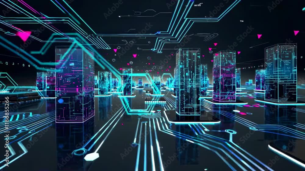 Poster Exploring a futuristic digital landscape with glowing circuits and vibrant colors at an advanced tech conference
