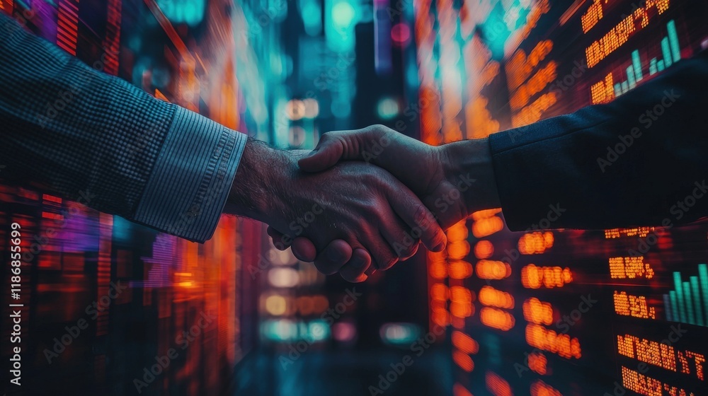 Aufkleber ceos shaking hands at tech conference with led background visualizing data