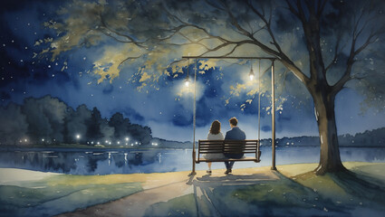 Watercolor illustration depicts a couple on a swing under a tree at night, with a calm lake and glowing lights in the background. The file is categorized as “illustrations” and “Hobbies and Leisure” i