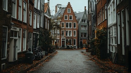 Fototapeta premium Charming cobblestone street in a historic European city, lined with old brick buildings and autumn leaves.