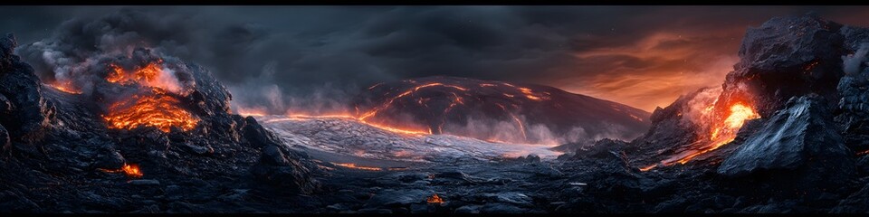 Panoramic view of the rugged volcanic rocks and glaciers at Kilimanjaros summit, with fiery twilight hues creating a cinematic atmosphere, in 4K resolution