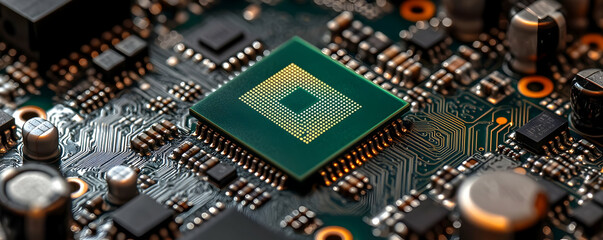 Microchip on circuit board, tech background