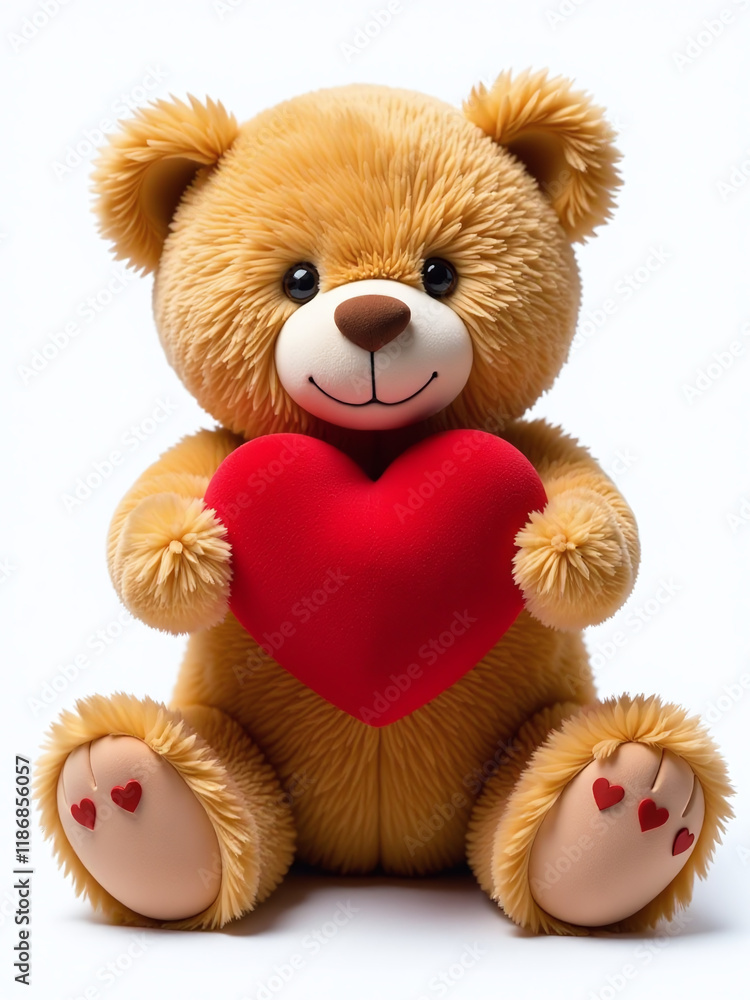 Poster a teddy bear is shown holding a red heart isolated against a white background with a transparent png