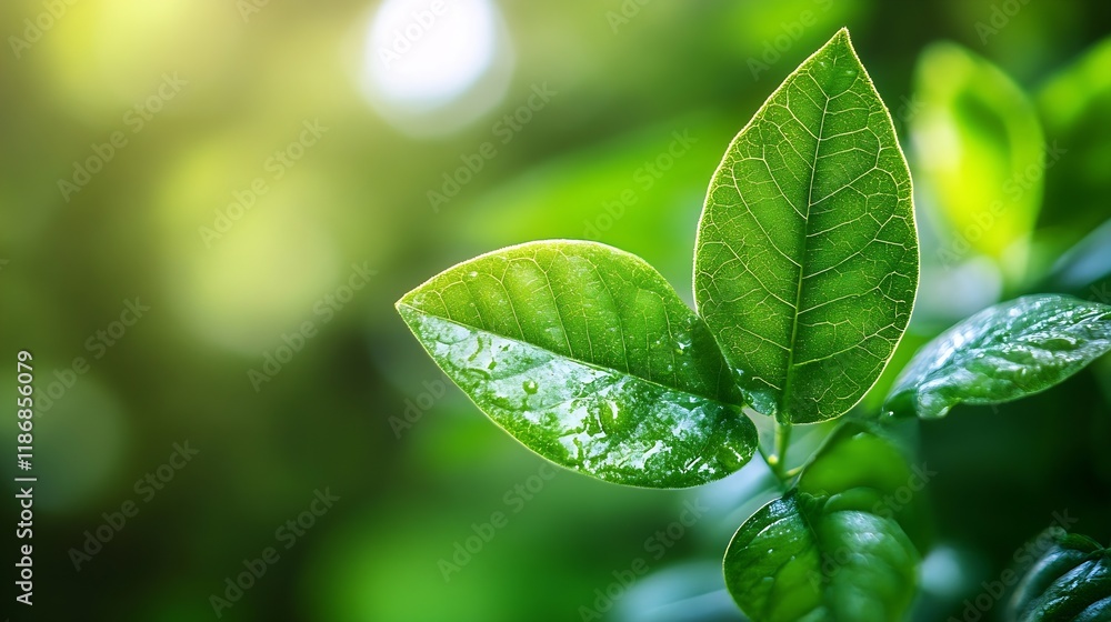 Poster Green Leaf with Sunlight and Bokeh in the Background : Generative AI